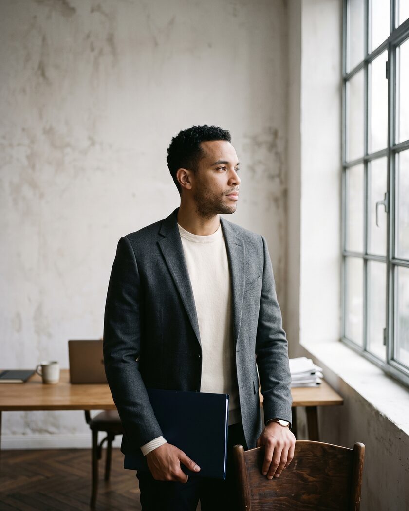 Entrepreneur standing by a window in a European office