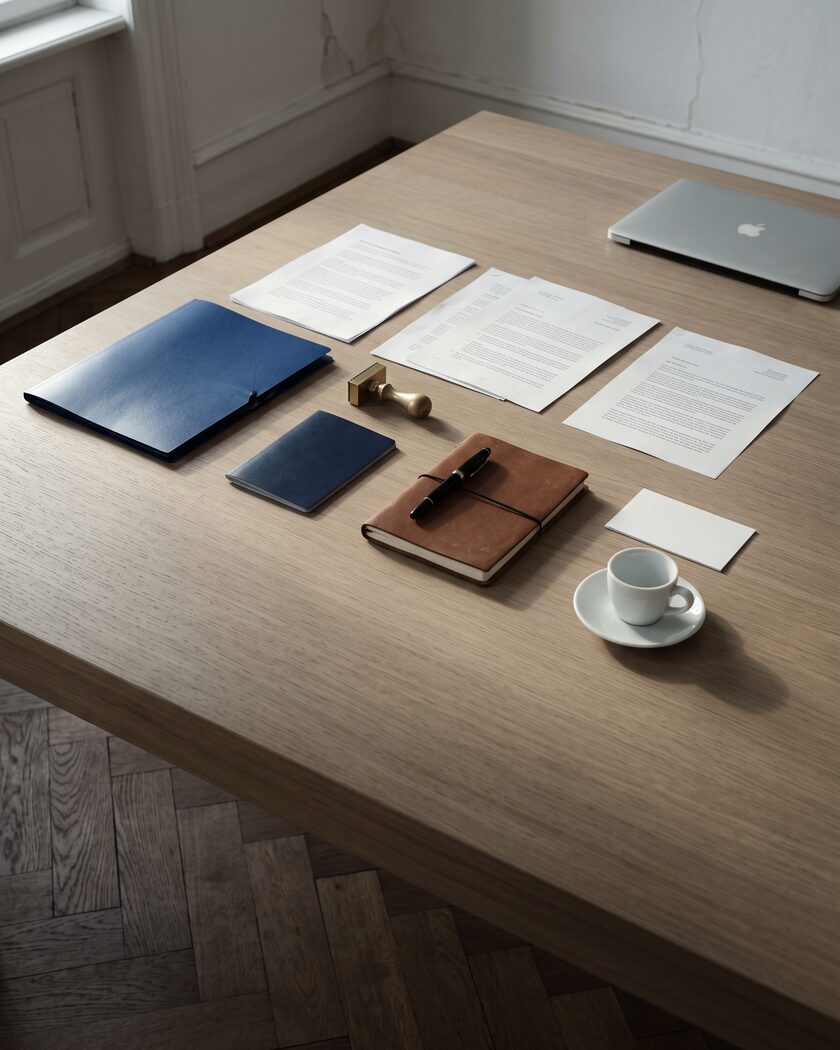Founding documents laid out on an oak worktable