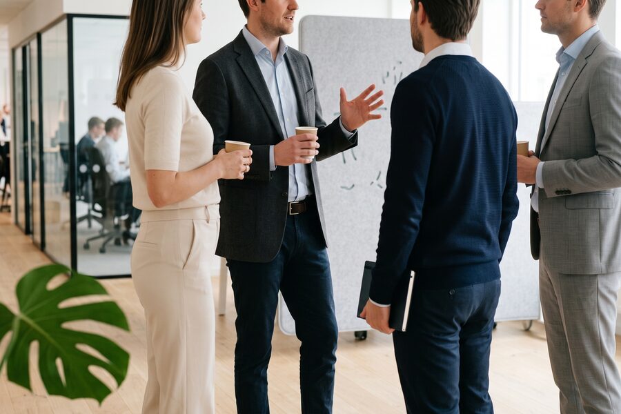 Business partners talking in a modern office